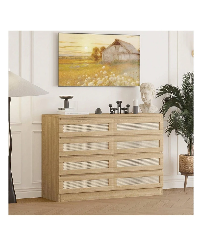 8 Drawer Double Dresser For Bedroom, Rattan Chest Of Dressers