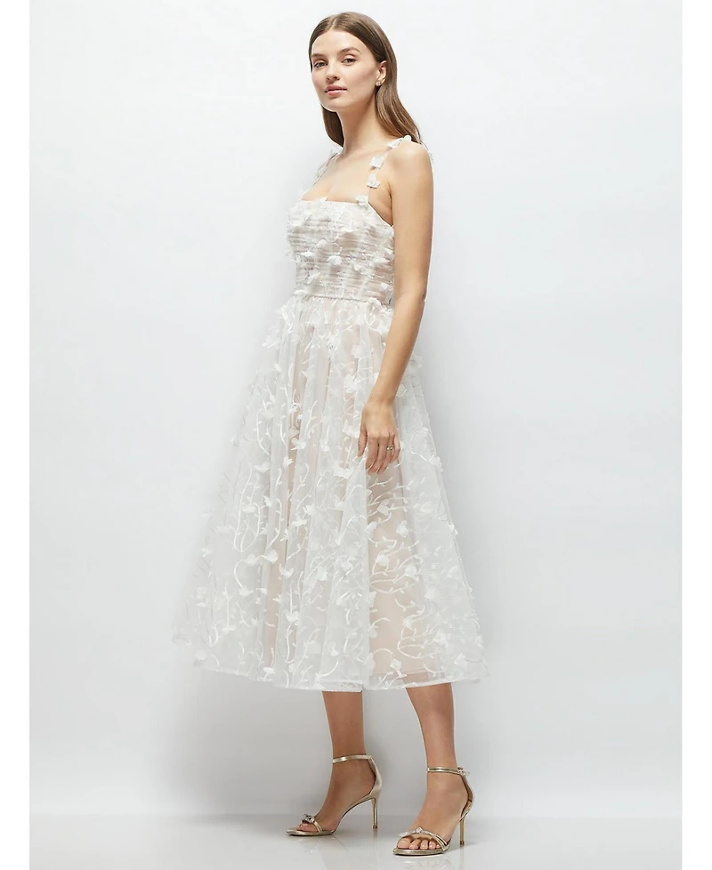 Dessy Collection Women's 3D Floral Embroidered Little White Midi Dress with Nude Corset Underlay