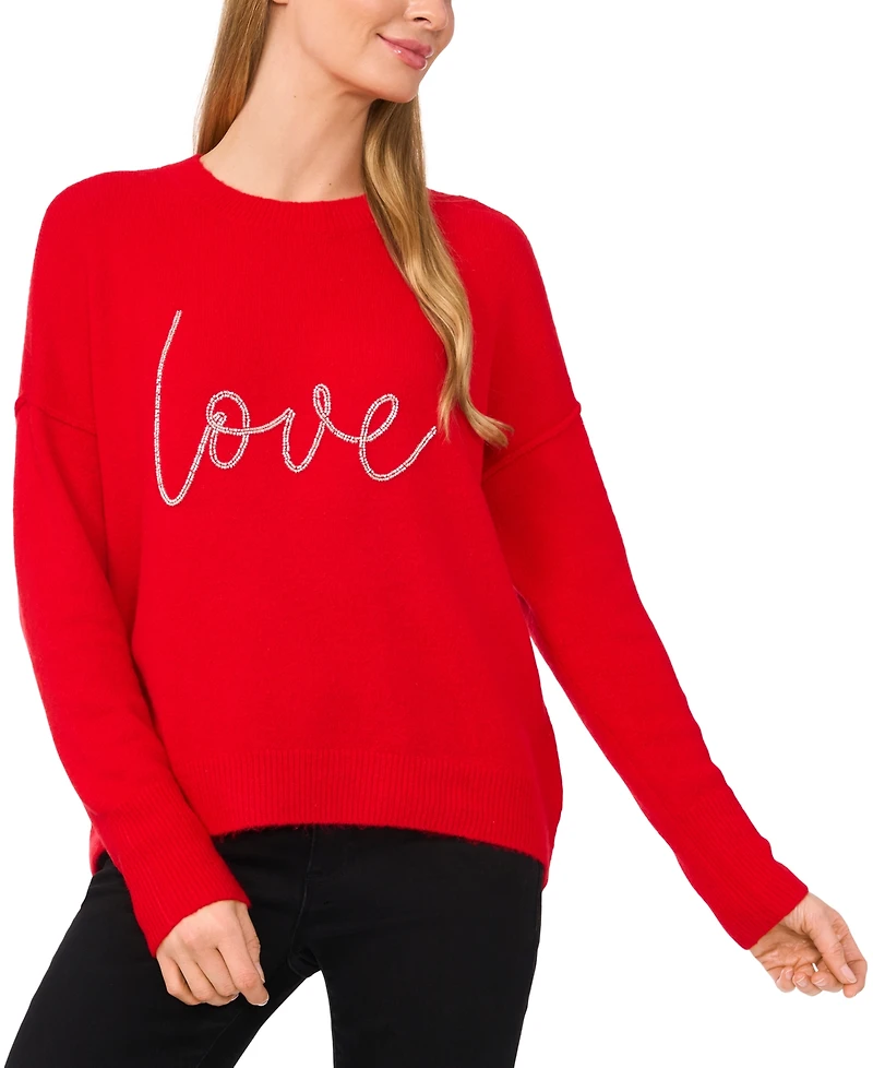 CeCe Women's Beaded Love Script Crewneck Long-Sleeve Sweater