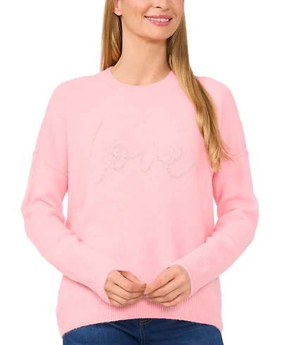 CeCe Women's Beaded Love Script Crewneck Long-Sleeve Sweater