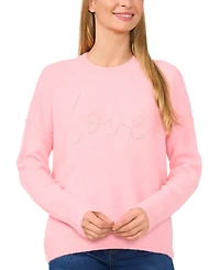 CeCe Women's Beaded Love Script Crewneck Long-Sleeve Sweater