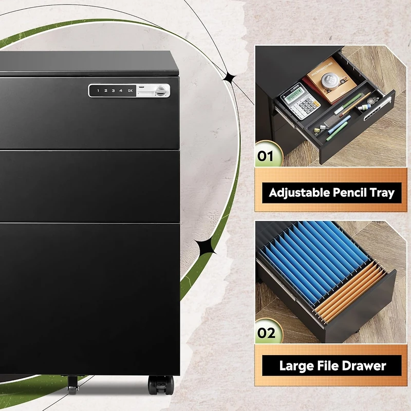 3-Drawer Mobile File Cabinet with Smart Lock, Pre-Assembled Steel Pedestal Under Desk, Black