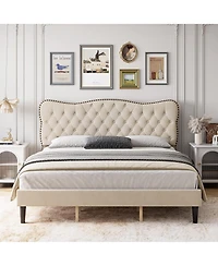 gaomon Linen Fabric Upholstered Bed Frame, Modern Platform Bed Mattress Foundation with Adjustable Headboard