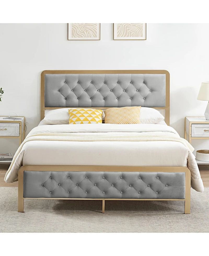 Gaomon Full Size Bed Frame, Velvet Upholstered Platform Bed with Button Tufted Headboard