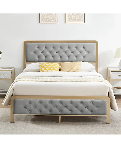 Gaomon Full Size Bed Frame, Velvet Upholstered Platform Bed with Button Tufted Headboard