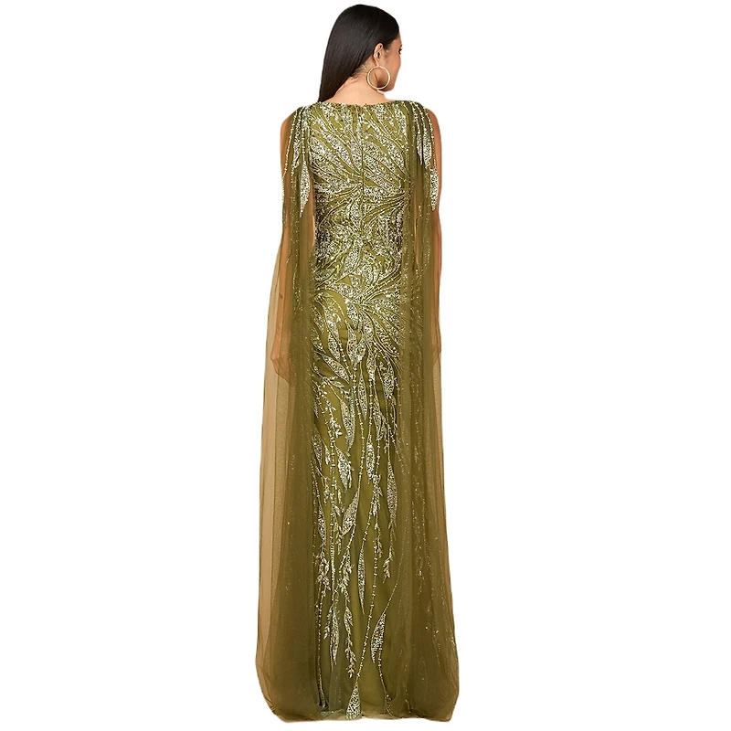 Lara Women's V - Neck Gown with Long Cape Sleeves