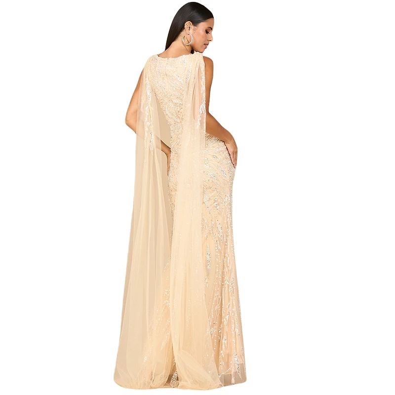 Lara Women's V - Neck Gown with Long Cape Sleeves