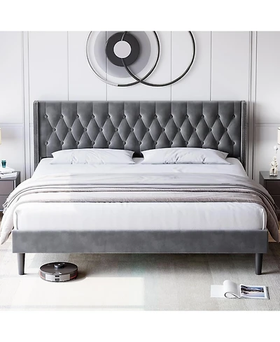 gaomon King Bed Frame with Velvet Headboard Wingback Platform Bed Frame King and Deep Button Tufted Headboard