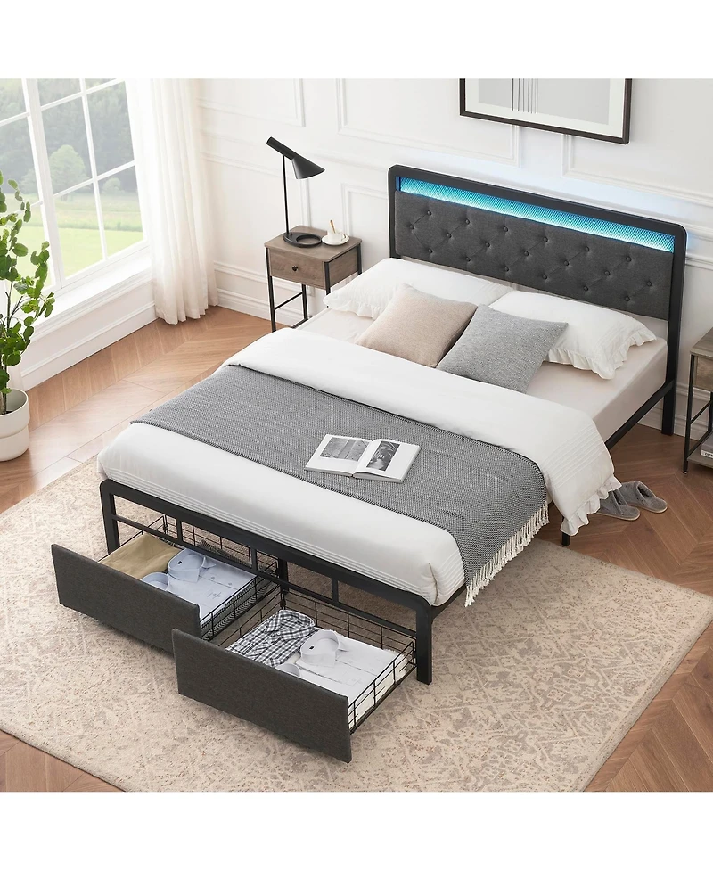 gaomon Full Size Bed Frame with Led Lights Headboard, Upholstered Bed with Headboard and 2 Storage Drawers