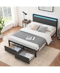 gaomon Full Size Bed Frame with Led Lights Headboard, Upholstered Bed with Headboard and 2 Storage Drawers