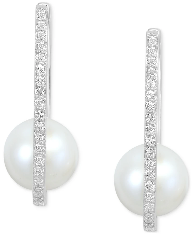 Effy Cultured Freshwater Pearl (8mm) & White Topaz (1/5 ct. t.w.) Oval Small Hoop Earrings in Sterling Silver