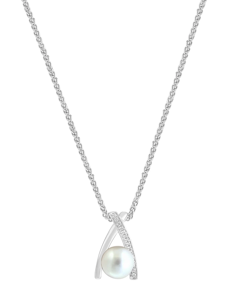 Effy Cultured Freshwater Pearl (8mm) & Diamond (1/20 ct. t.w.) Crisscross 18" Pendant Necklace in Sterling Silver