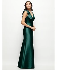 Alfred Sung Women's Deep V-back Satin Trumpet Dress with Cascading Bow at One Shoulder