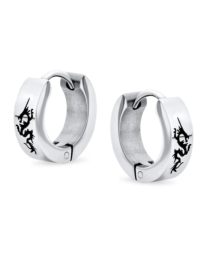 Bling Jewelry Mens Dragon Hoop Huggie Earrings Laser Gold Tone Stainless Steel