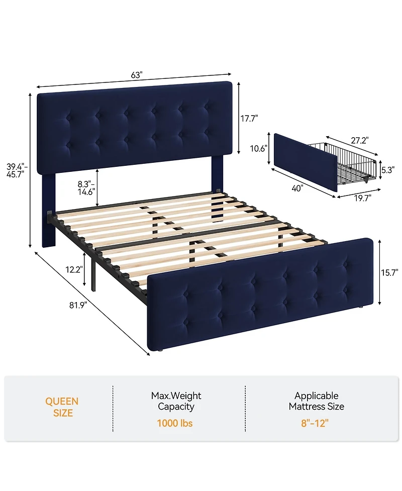 gaomon Queen Bed Frame with Headboard and 4 Storage Drawers, Platform Bed Frame Square Stitched Button Tufted