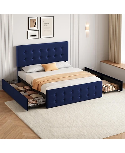 gaomon Queen Bed Frame with Headboard and 4 Storage Drawers, Platform Square Stitched Button Tufted