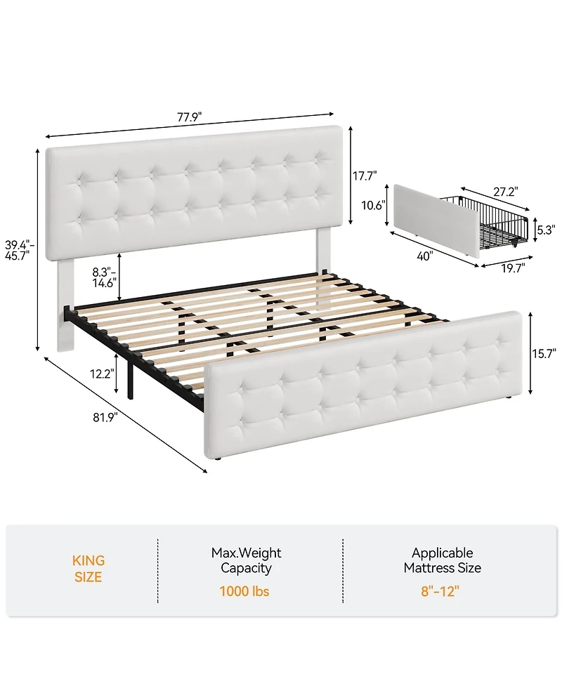 gaomon Bed Frame with Headboard and 4 Storage Drawers, Platform Bed Frame Square Stitched Button Tufted