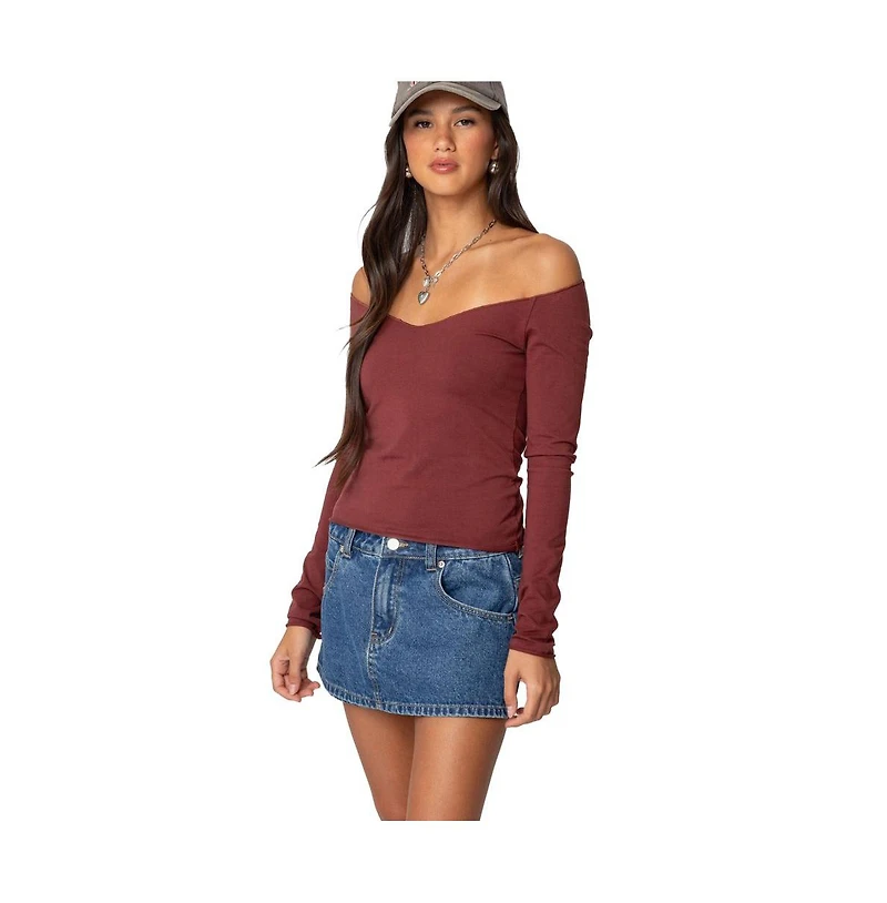 Edikted Womens Nattie Off Shoulder V Neck Top