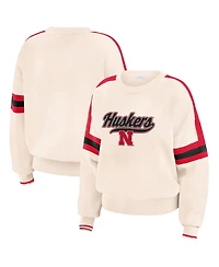 Wear by Erin Andrews Women's Cream Nebraska Huskers Chenille Woven Patch Stripe Pullover Sweatshirt