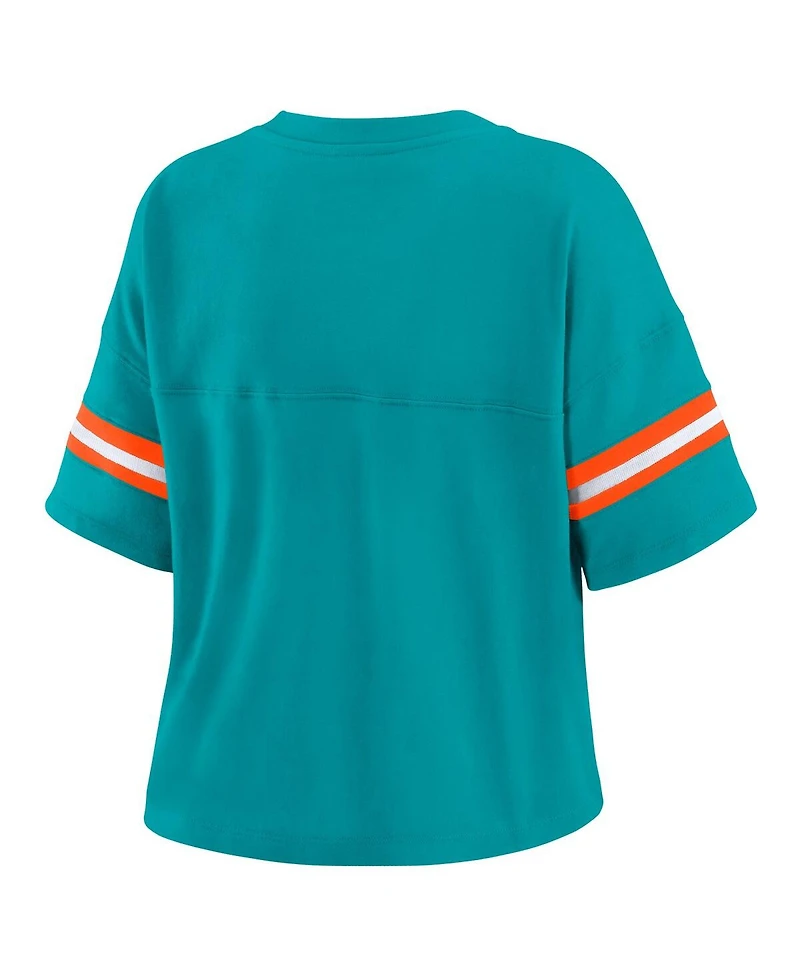 Wear by Erin Andrews Women's Aqua Miami Dolphins Color Block Boxy Modest Crop V-neck T-shirt