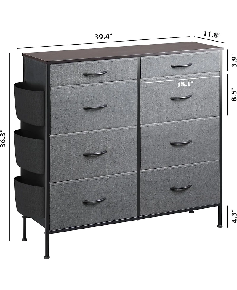 Wlive Dresser for Bedroom with 8 Drawers Tall Storage Tower with Drawer Organizers Side Pockets and Hooks Fabric Dresser Chest of Drawers for Living R