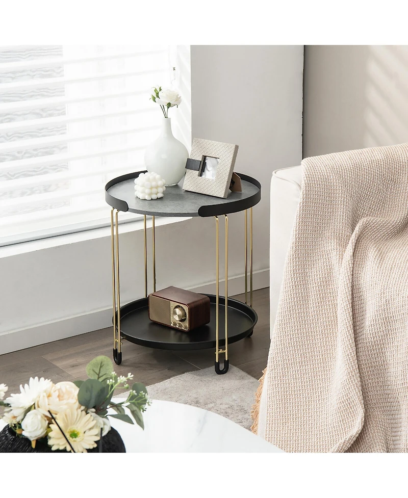 Gymax 2-Tier Side End Table Round Nightstand Gold Frame for Living Room Bedroom