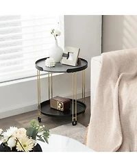 Gymax 2-Tier Side End Table Round Nightstand Gold Frame for Living Room Bedroom