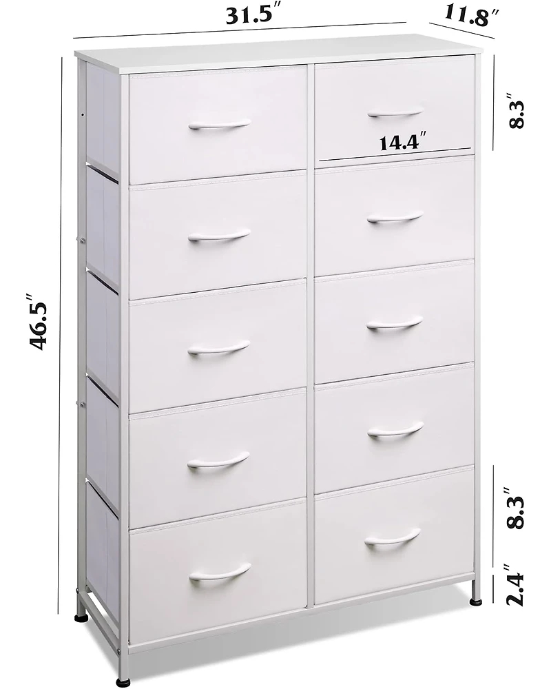 Wlive 10-Drawer Dresser Fabric Storage Tower for Bedroom Hallway Closets Tall Chest Organizer Unit with Textured Print Fabric Bins Steel Frame Wood To