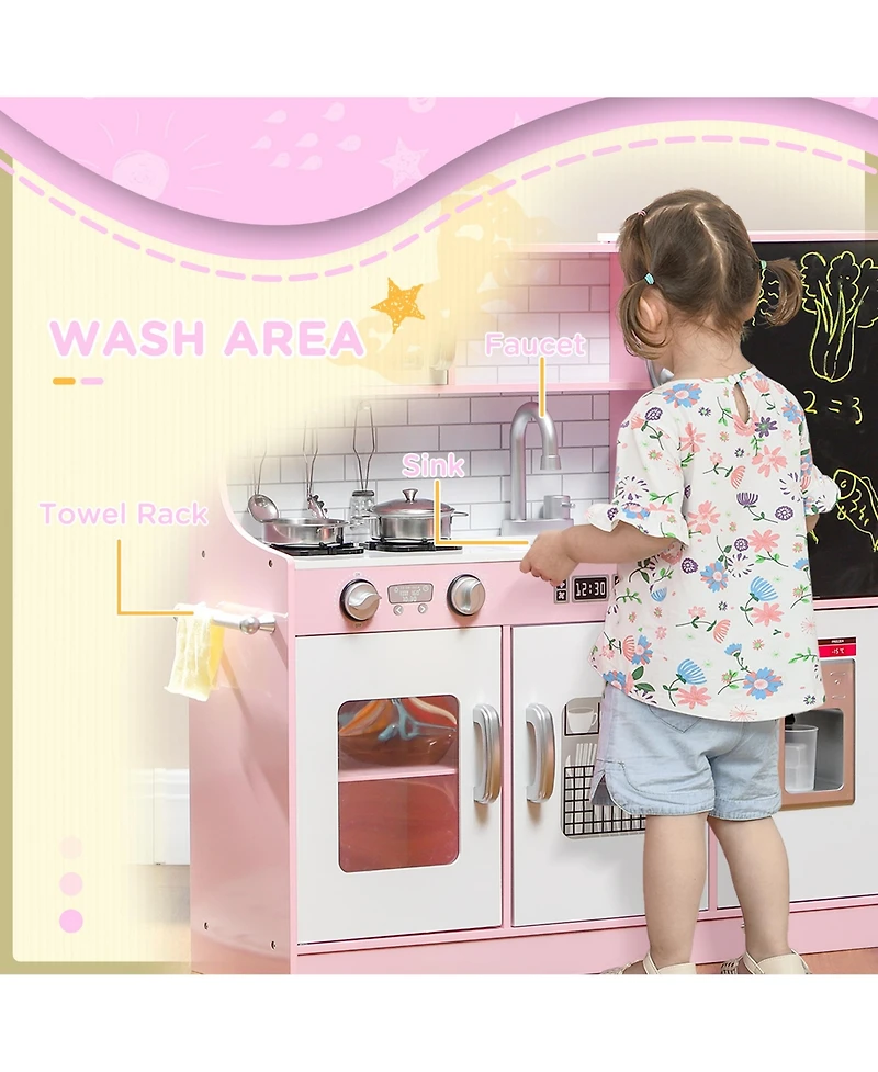 Qaba Play Kitchen, Kids Kitchen Playset w/ Phone & Chalkboard,