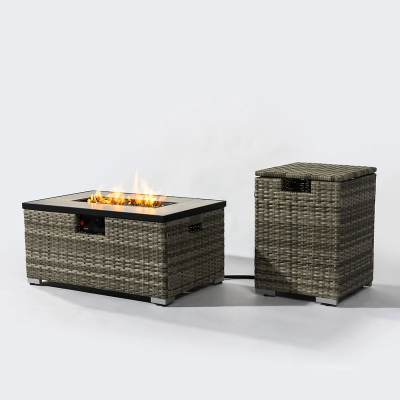 Streamdale Beige Rattan Fire Pit Table with Tank Holder and Ceramic Tile Tabletop