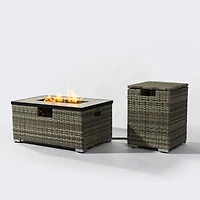 Streamdale Beige Rattan Fire Pit Table with Tank Holder and Ceramic Tile Tabletop