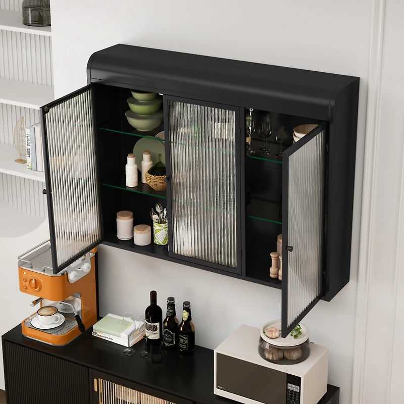 Streamdale Furniture 3 Door Arched Wall Mounted Glass Cabinets for Kitchen, Living Room and Bathroom(Black)