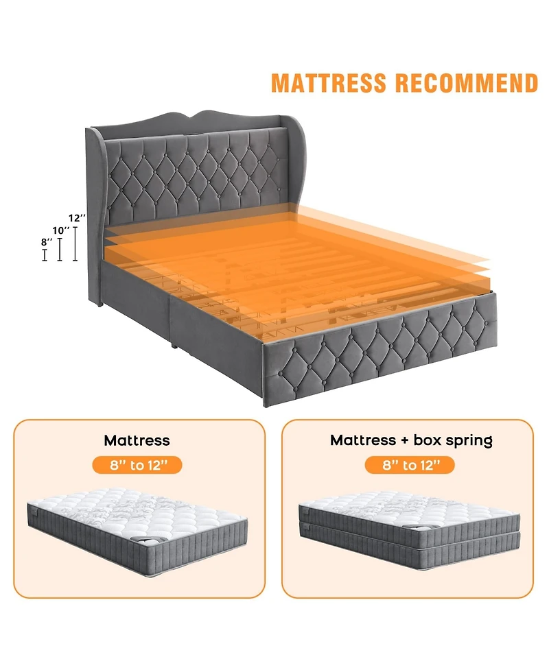 gaomon Full Size Grey Velvet Bed Frame with 4 Convenient Storage Drawers, Wingback Headboard with Charging Station