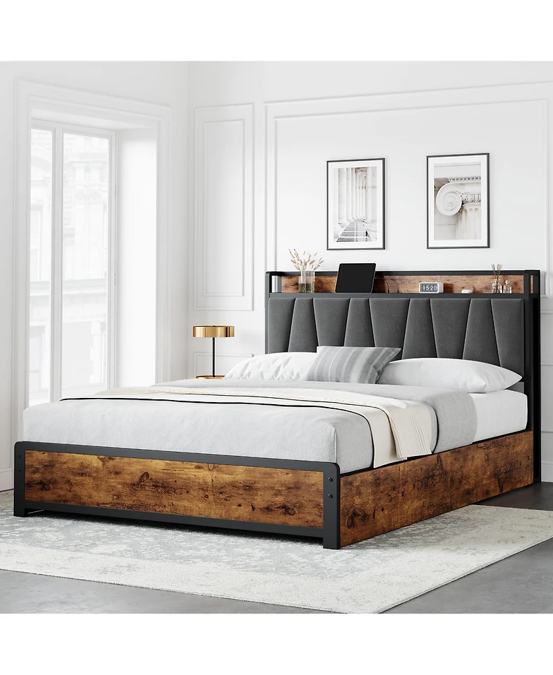 gaomon Full Size Bed Frame with Storage Linen Upholstered Headboard