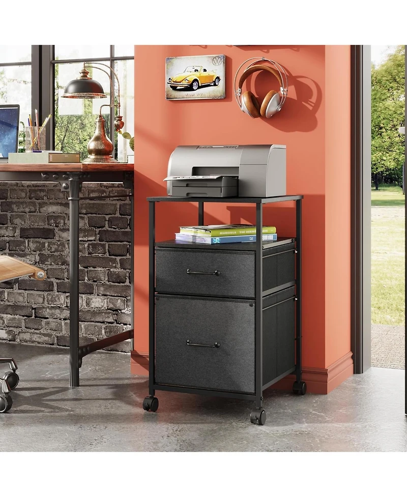 2 Drawer Mobile File Cabinet, Rolling Printer Stand with Open Storage Shelf, Fabric Vertical Filing Cabinet fits A4 or Letter Size for Home Office