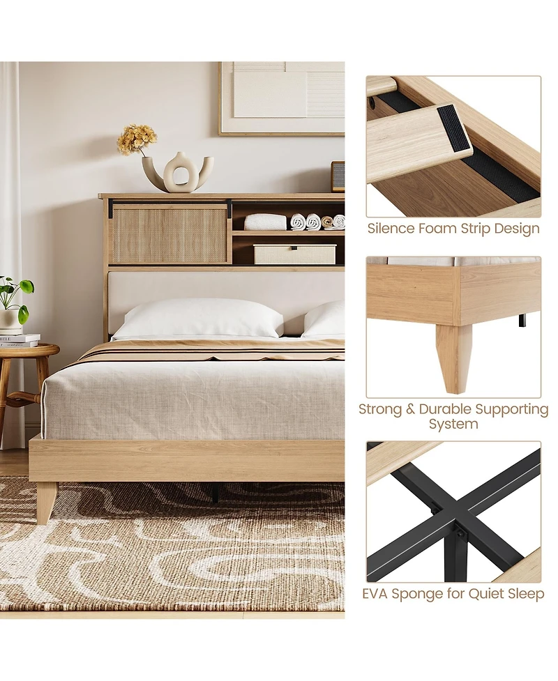 gaomon Rattan King Bed Frame with Sliding Door Shelf Headboard, Bohemian Rattan Bed Frame King Size with Shelves