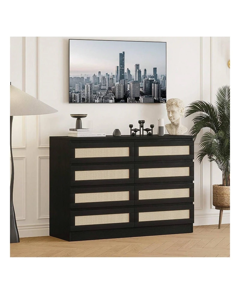 8 Drawer Double Dresser For Bedroom, Rattan Chest Of Dressers