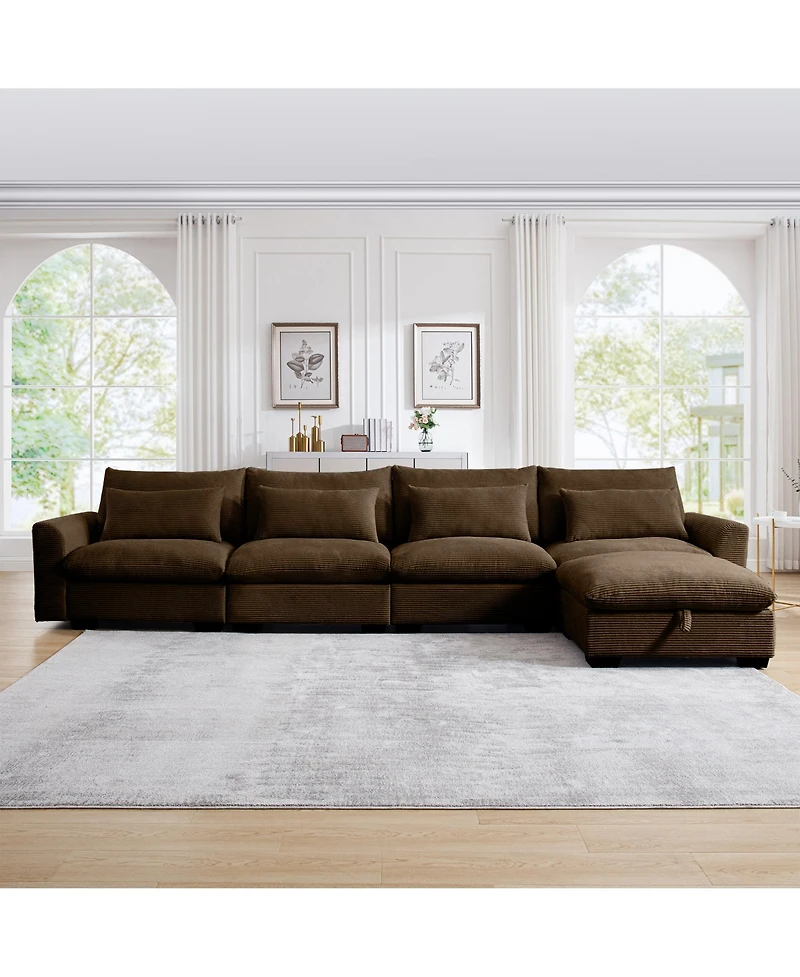 Streamdale Furniture Large L Shape Sectional Corduroy Sofa,Deep Seat Couch with Storage Footstool and 4 Waist Pillows