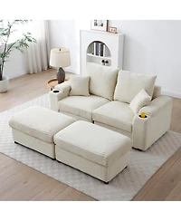 Streamdale Corduroy Modular Loveseat with Ottomans and Pillows