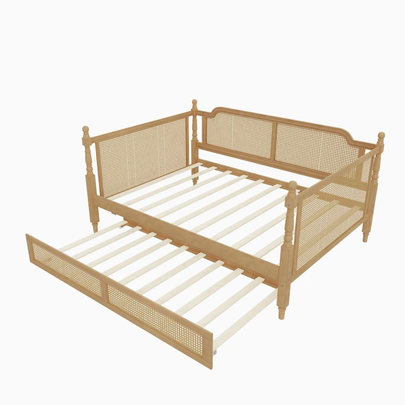 Streamdale Furniture Traditional Style Rattan Full Size Daybed with Full Size Trundle for Limited Space, Guest Room, No Box Spring Needed,Antique Waln
