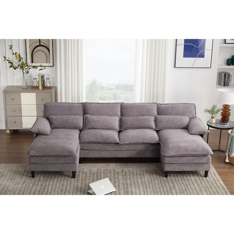 Streamdale U-Shaped Modular Sofa Couch with Waist Pillows and Chaise Lounge (Gray, Terrycloth)