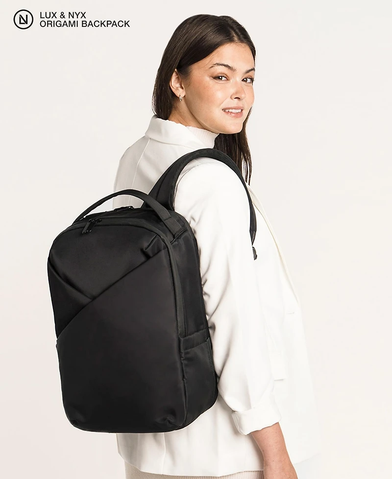 Daily Origami Backpack - 16inch Laptop Bag Black Ultra Satin Nylon Unisex Work and Travel Multi-Compartment