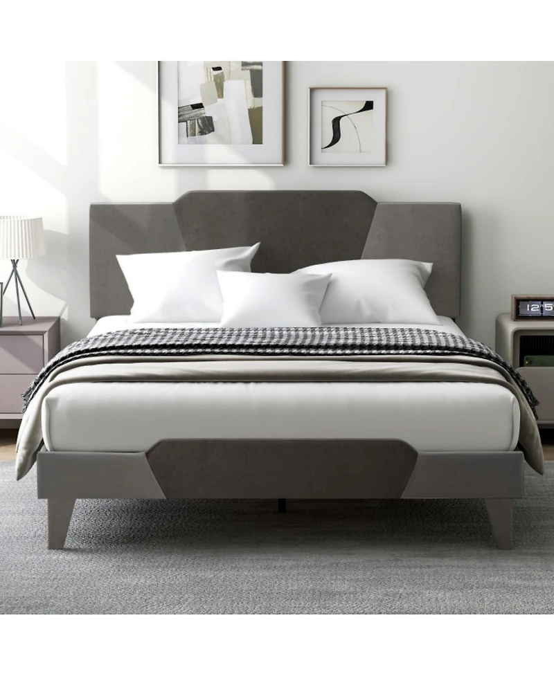 Sugift Queen Velvet Upholstered Bed Frame with High Headboard