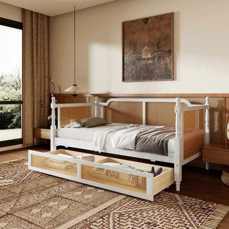 Streamdale Antique White Twin Rattan Daybed with Drawers