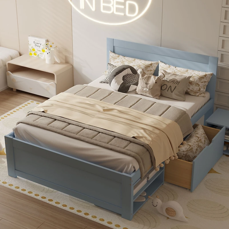Streamdale Full Size Platform Bed With Drawer And Two Shelves, Gray