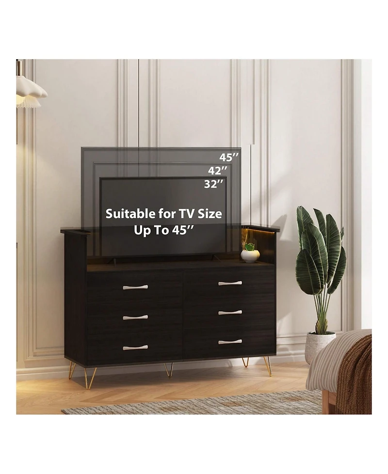 Dresser For Bedroom With Led Light & Charging Station, 6 Wooden Drawers Dressers With 2-Tier Open Shelves