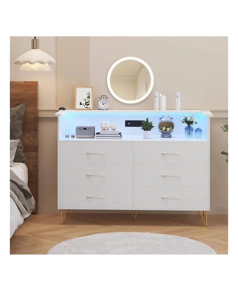 Dresser For Bedroom With Led Light & Charging Station, 6 Wooden Drawers Dressers With 2-Tier Open Shelves, Modern Chest Of Double Wide Drawers For Liv