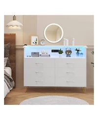 Dresser For Bedroom With Led Light & Charging Station, 6 Wooden Drawers Dressers With 2-Tier Open Shelves, Modern Chest Of Double Wide Drawers For Liv