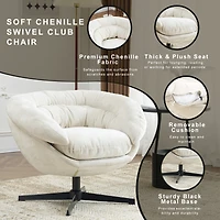 Chenille Upholstered 360° Swivel Club Chair/Accent Chair with Removable Cushion, Round Office Chair with Black Metal Base, Cotton Material, Livin