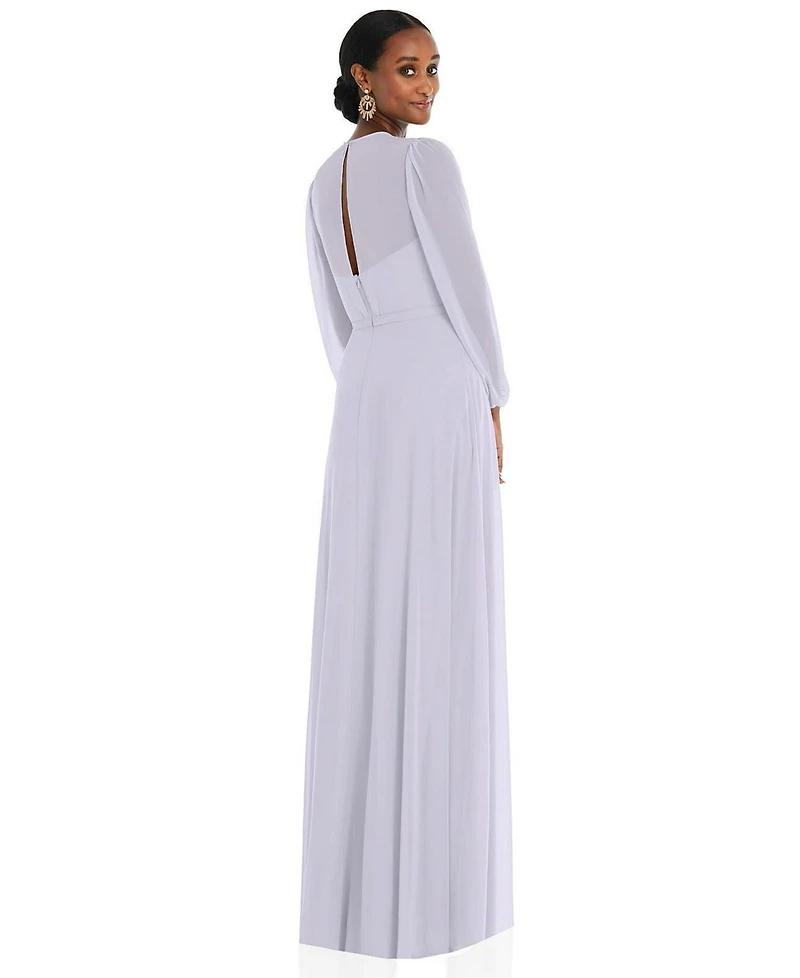 Dessy Collection Women's Strapless Chiffon Maxi Dress with Puff Sleeve Blouson Overlay